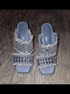 Azalea Wang Light Blue Embellished Frayed Double-Strap Mules